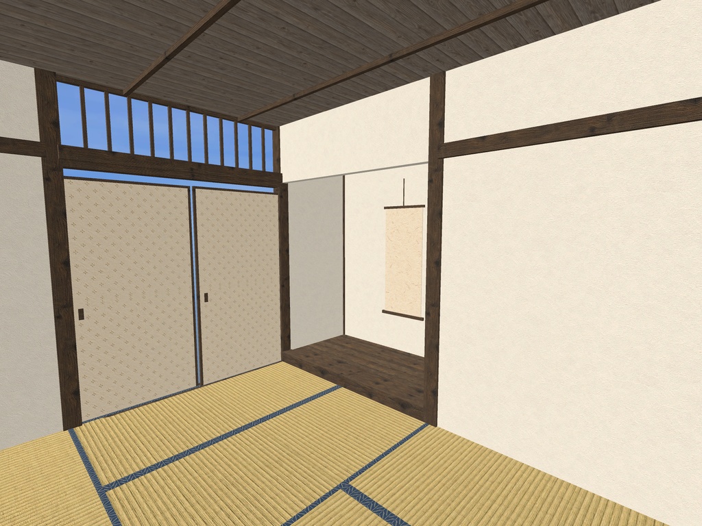 【VRChat想定】1マテリアルで組める和室キット|畳・襖・障子・柱・壁・床の間・天井 23部品|半間0.91mグリッド・六畳の組み見本つき【unitypackage / FBX・OBJ】