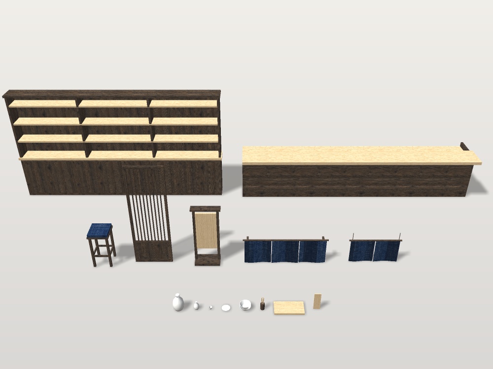 【VRChat想定|店の素体】小料理屋のカウンター一式|一枚板7席・背面棚・暖簾・土間の店内|マテリアル5【unitypackage / FBX・OBJ】
