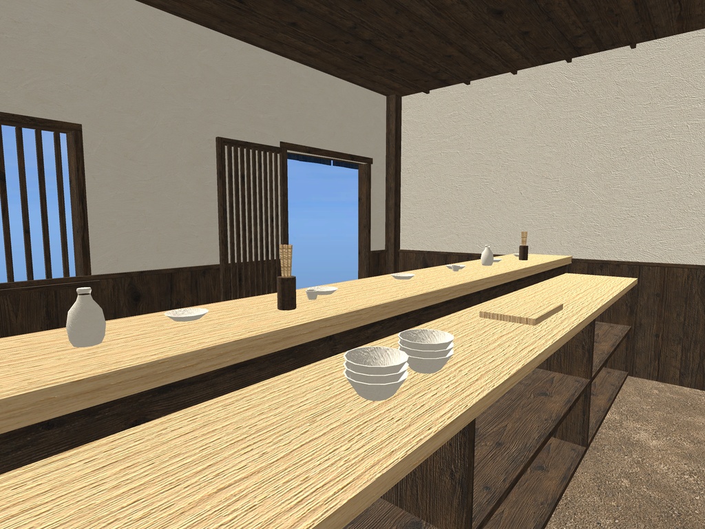 【VRChat想定|店の素体】小料理屋のカウンター一式|一枚板7席・背面棚・暖簾・土間の店内|マテリアル5【unitypackage / FBX・OBJ】