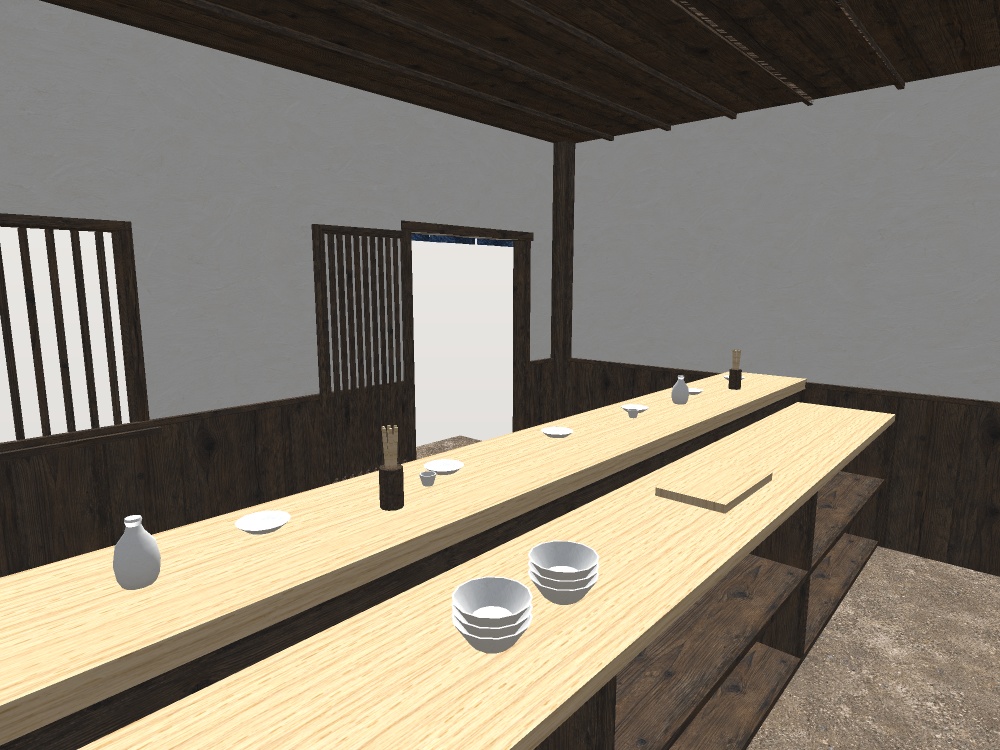 【VRChat想定|店の素体】小料理屋のカウンター一式|一枚板7席・背面棚・暖簾・土間の店内|マテリアル5【unitypackage / FBX・OBJ】