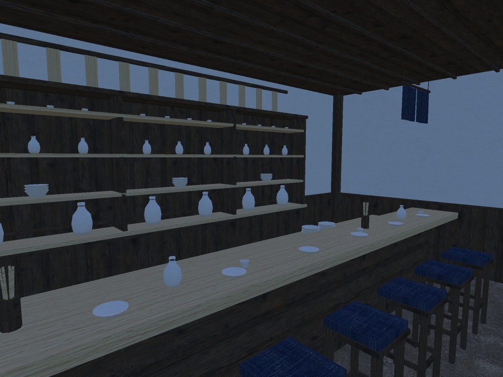 【VRChat想定|店の素体】小料理屋のカウンター一式|一枚板7席・背面棚・暖簾・土間の店内|マテリアル5【unitypackage / FBX・OBJ】