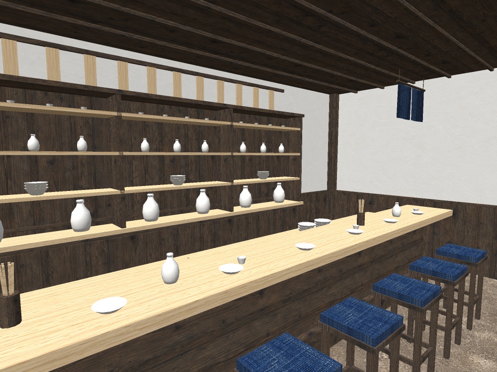【VRChat想定|店の素体】小料理屋のカウンター一式|一枚板7席・背面棚・暖簾・土間の店内|マテリアル5【unitypackage / FBX・OBJ】