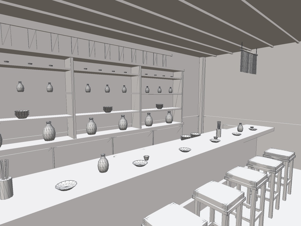 【VRChat想定|店の素体】小料理屋のカウンター一式|一枚板7席・背面棚・暖簾・土間の店内|マテリアル5【unitypackage / FBX・OBJ】