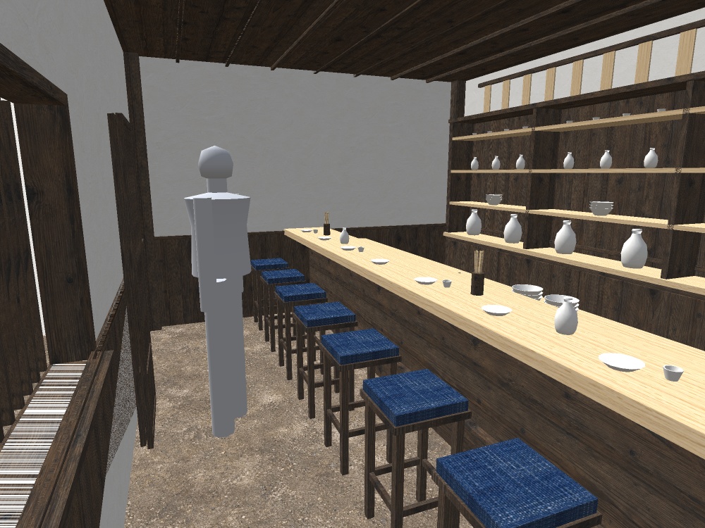 【VRChat想定|店の素体】小料理屋のカウンター一式|一枚板7席・背面棚・暖簾・土間の店内|マテリアル5【unitypackage / FBX・OBJ】
