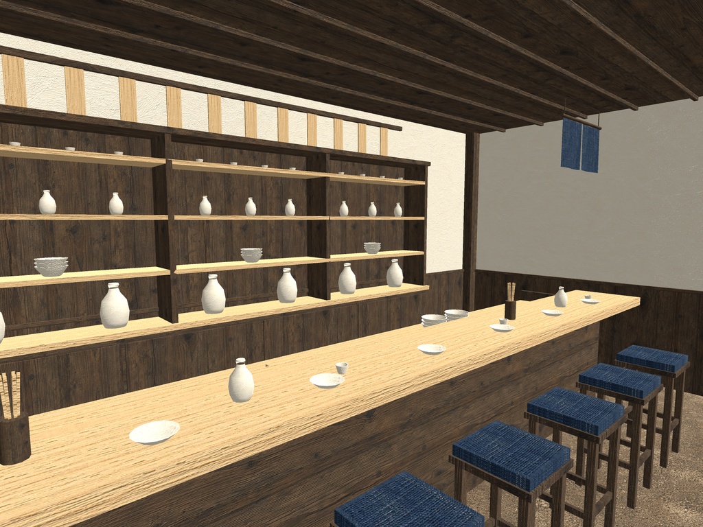 【VRChat想定｜店の素体】小料理屋のカウンター一式｜一枚板7席・背面棚・暖簾・土間の店内｜マテリアル5【unitypackage / FBX・OBJ】