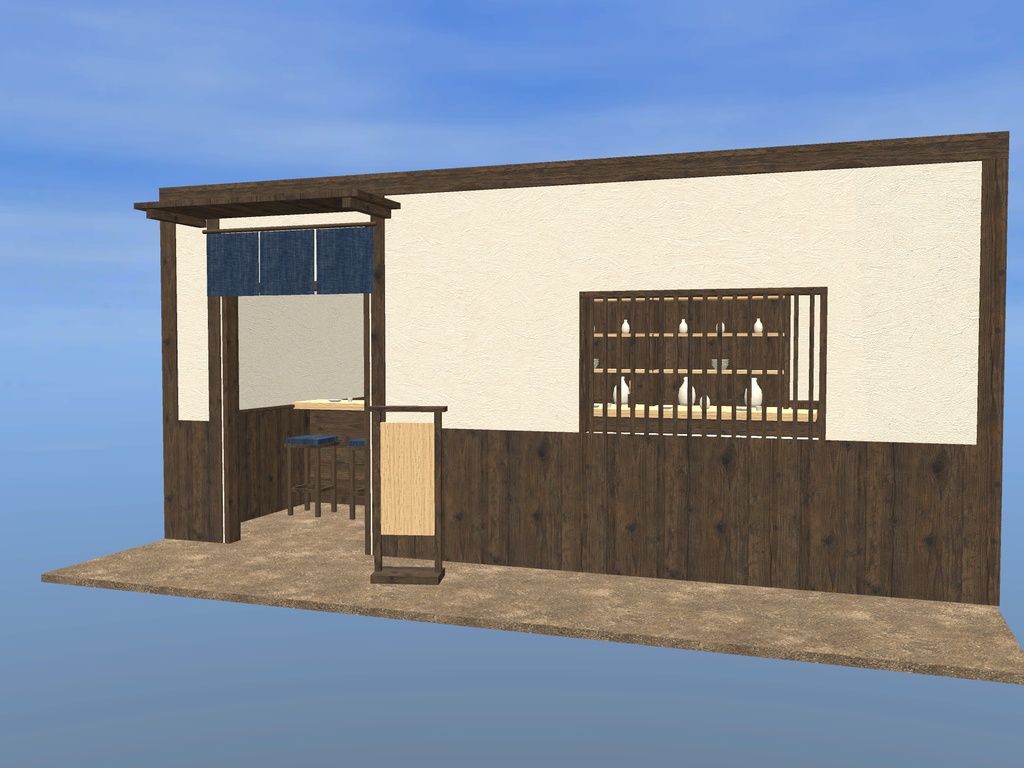 【VRChat想定|店の素体】小料理屋のカウンター一式|一枚板7席・背面棚・暖簾・土間の店内|マテリアル5【unitypackage / FBX・OBJ】