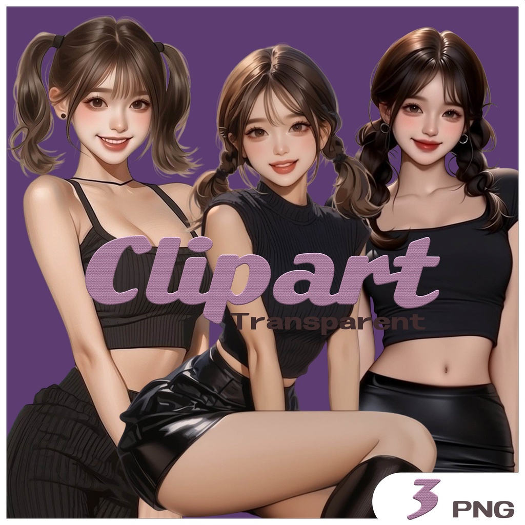 黒衣装ツインテール女の子クリップアート素材|透過PNGキャラクター3点セット