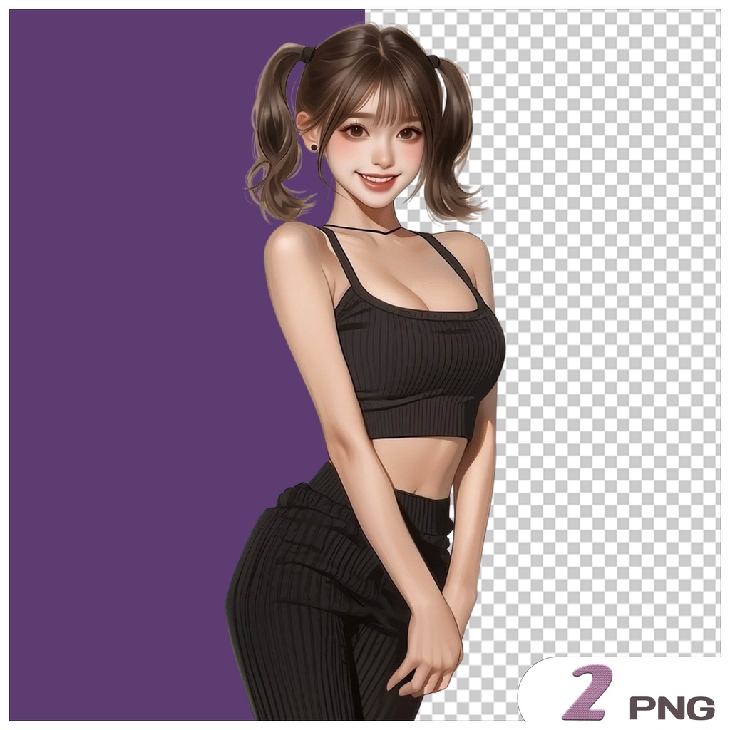 黒衣装ツインテール女の子クリップアート素材|透過PNGキャラクター3点セット