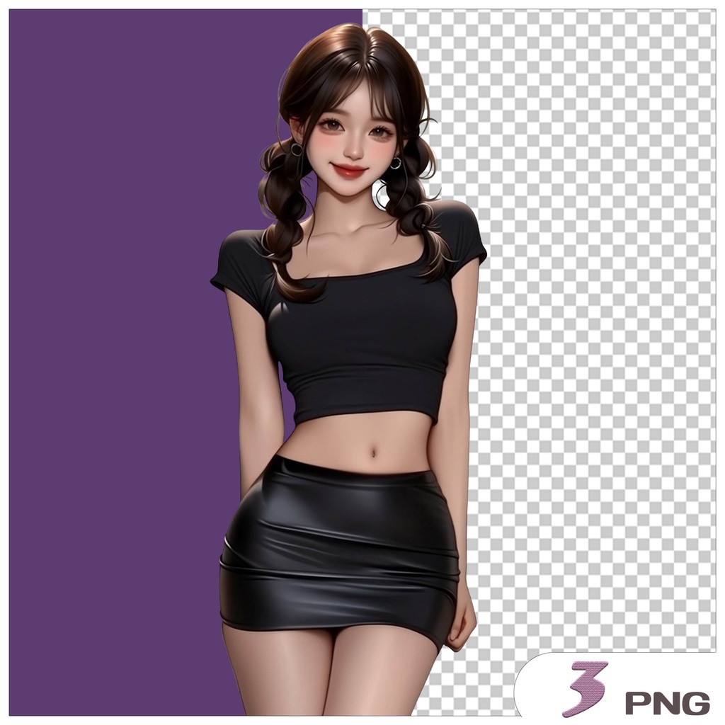 黒衣装ツインテール女の子クリップアート素材|透過PNGキャラクター3点セット