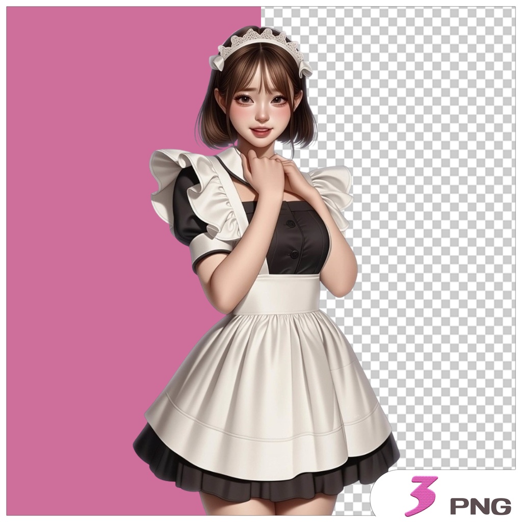 メイド服女の子クリップアート素材|透過PNGキャラクター3点セット