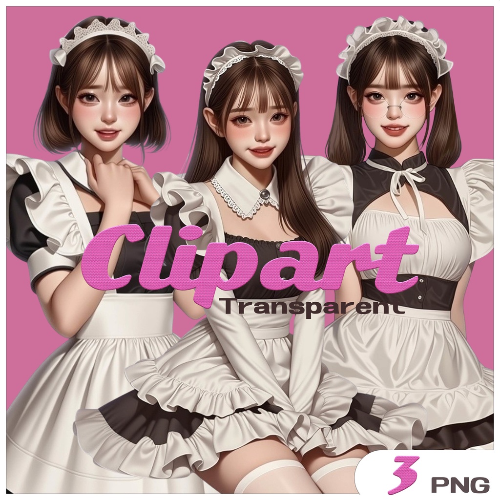 メイド服女の子クリップアート素材|透過PNGキャラクター3点セット