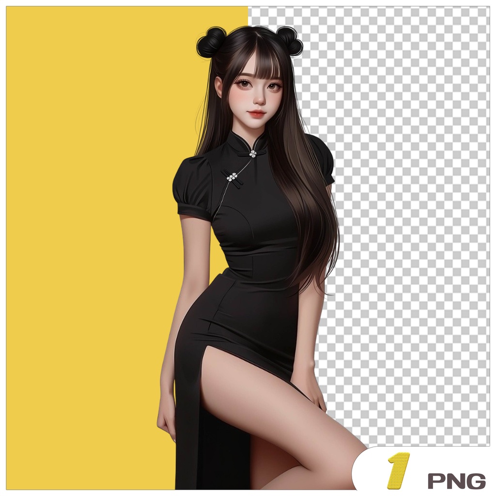 チャイナドレス女の子クリップアート素材|透過PNGキャラクター3点セット