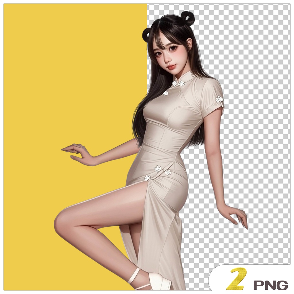 チャイナドレス女の子クリップアート素材|透過PNGキャラクター3点セット