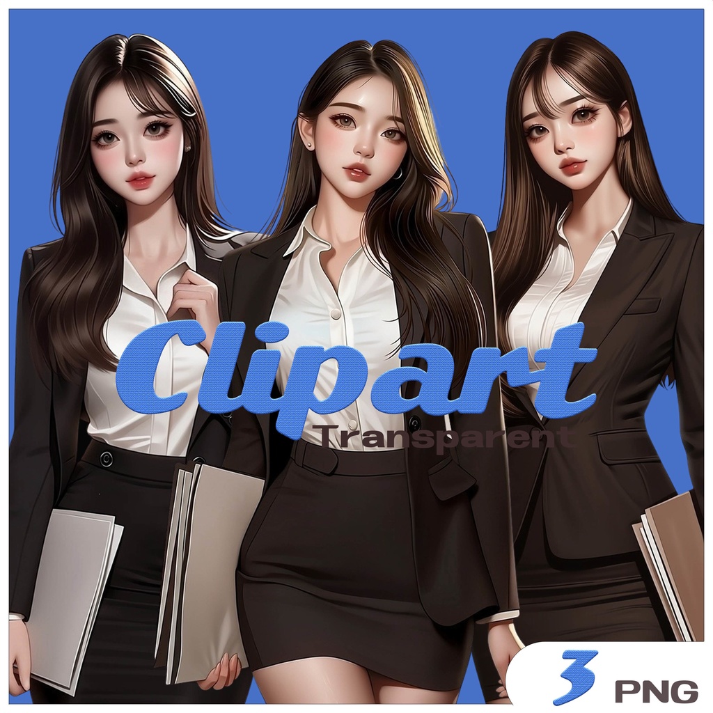 OLスーツ女子クリップアート素材｜透過PNGキャラクター3点セット