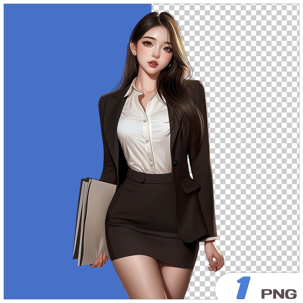 OLスーツ女子クリップアート素材|透過PNGキャラクター3点セット