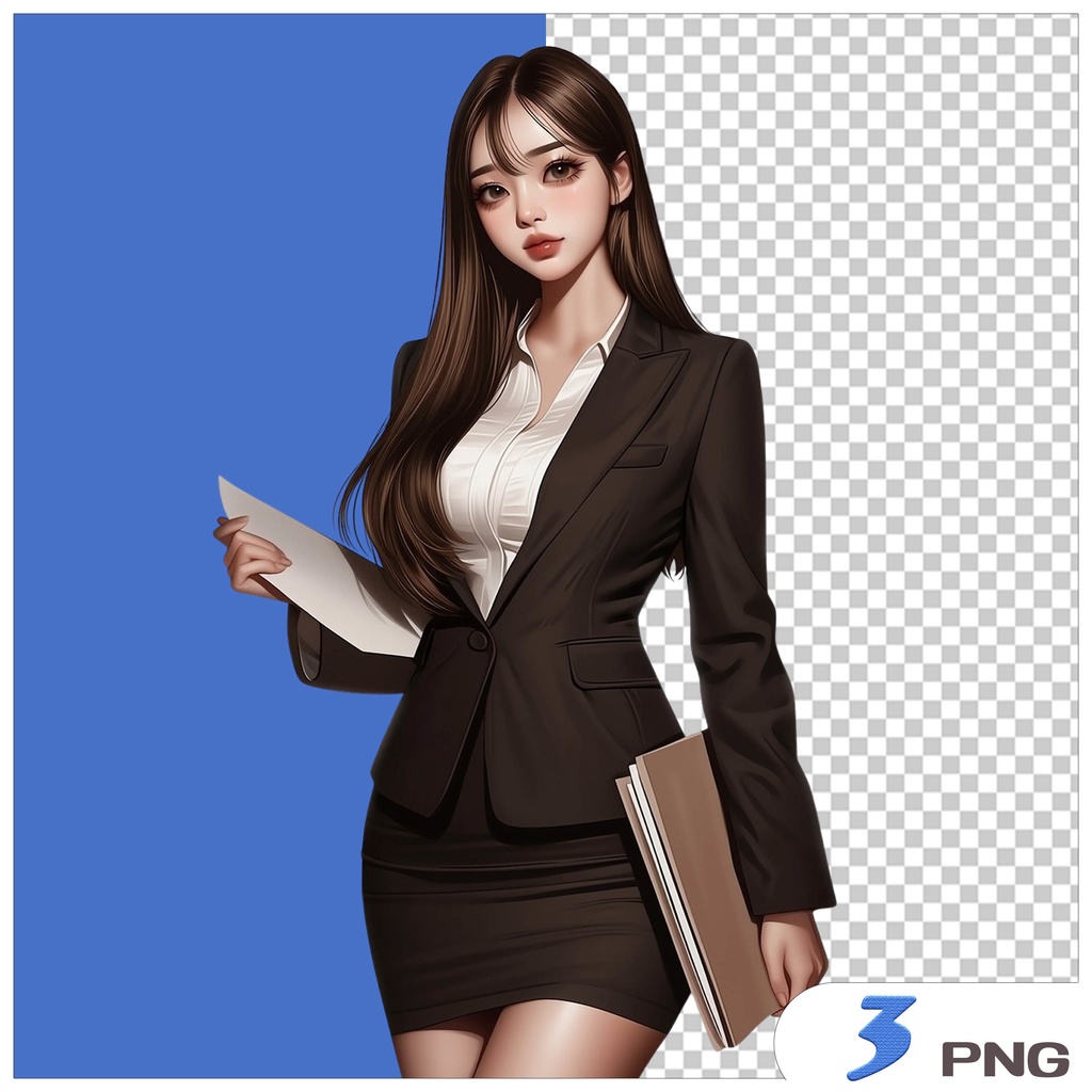 OLスーツ女子クリップアート素材|透過PNGキャラクター3点セット