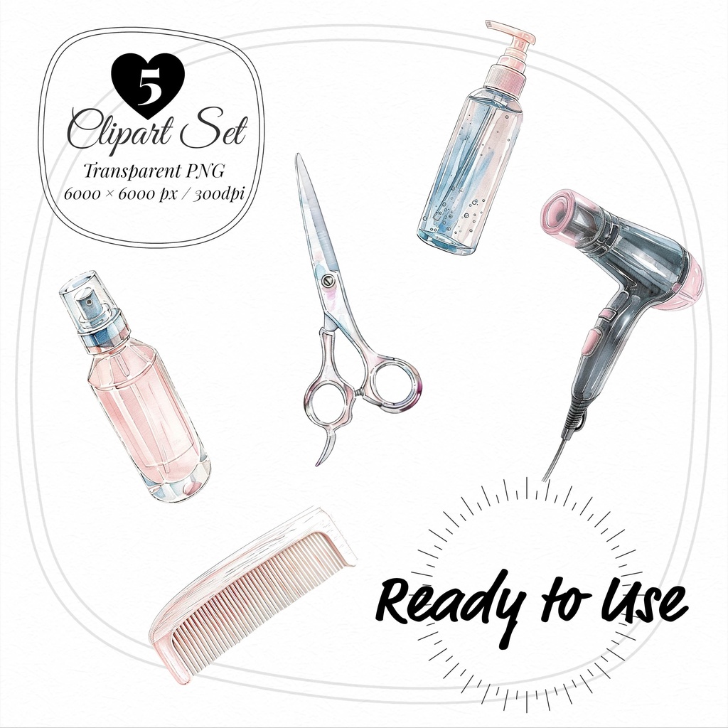 01_ヘアサロンアイテムクリップアート素材|透過PNG5点セット