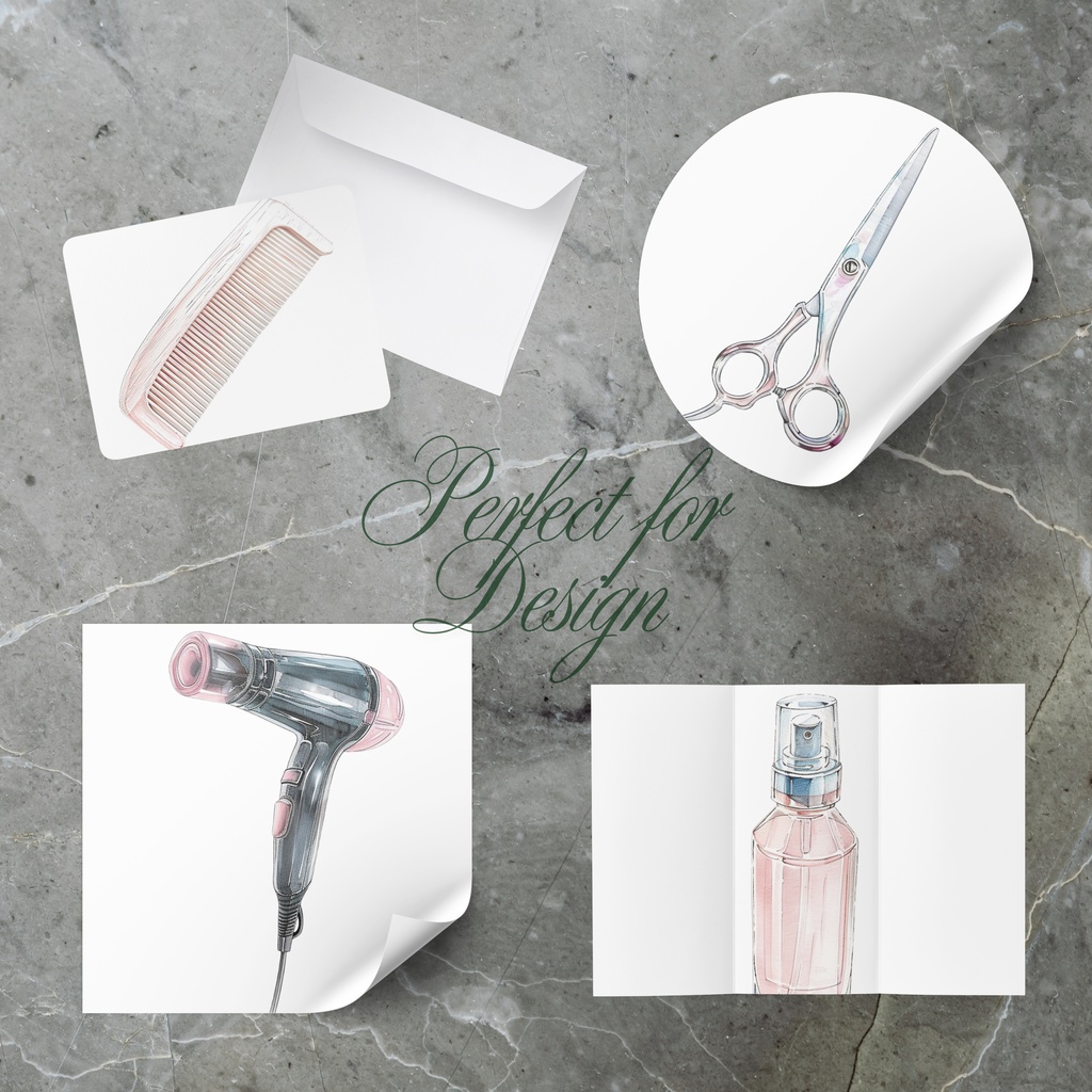 01_ヘアサロンアイテムクリップアート素材|透過PNG5点セット