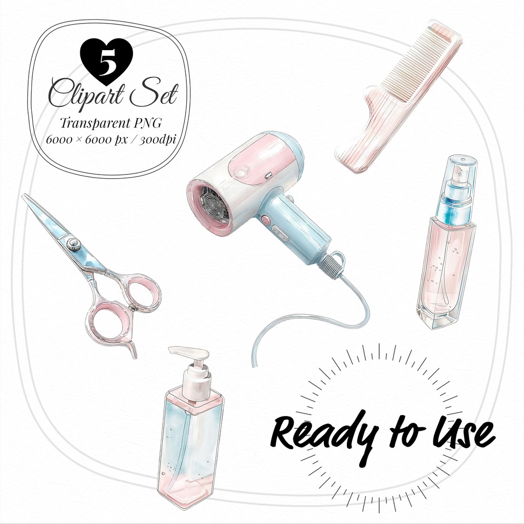02_ヘアサロンアイテムクリップアート素材|透過PNG5点セット