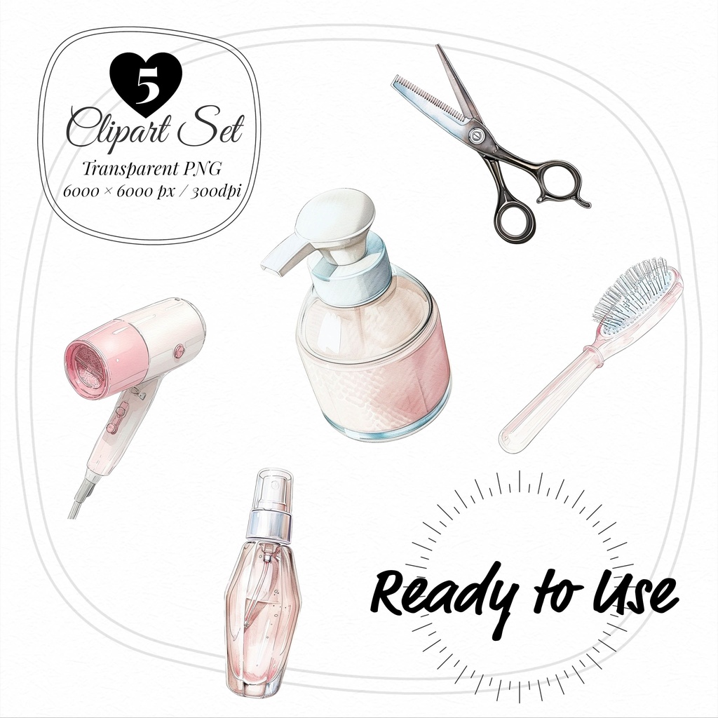 03_ヘアサロンアイテムクリップアート素材|透過PNG5点セット