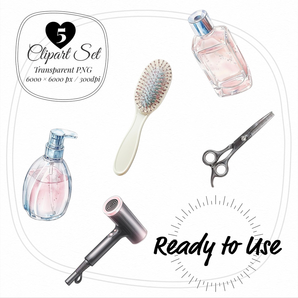 04_ヘアサロンアイテムクリップアート素材|透過PNG5点セット
