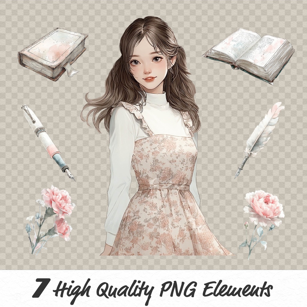 01_日常スタイル少女クリップアート素材|透過PNGキャラクター7点セット