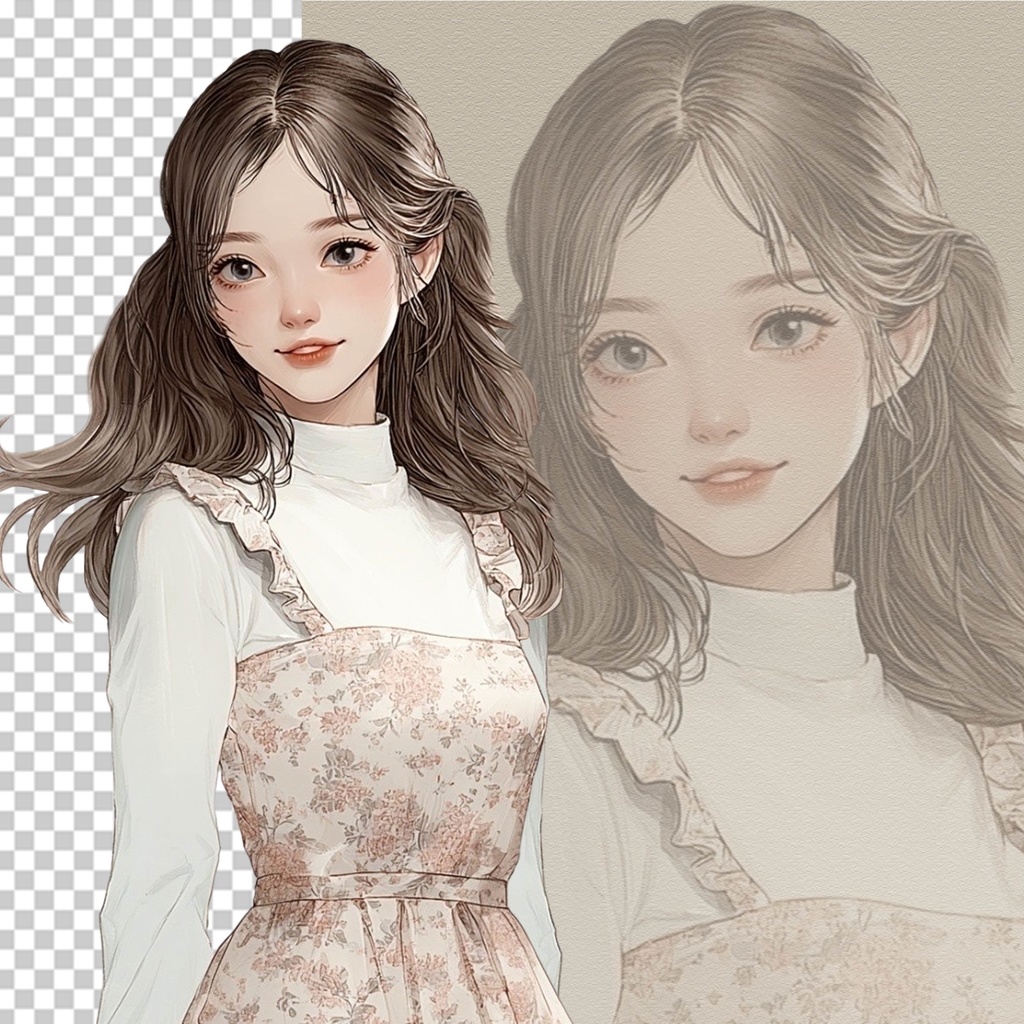 01_日常スタイル少女クリップアート素材|透過PNGキャラクター7点セット