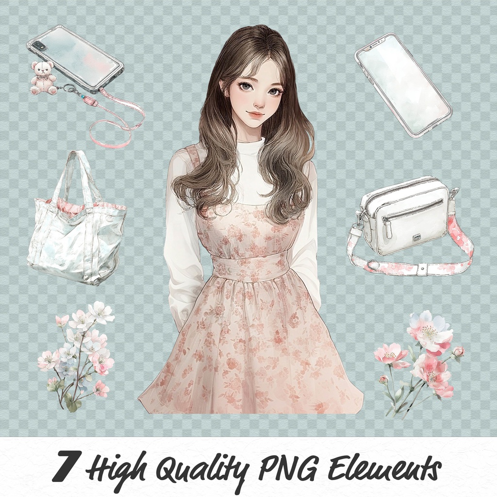 02_日常スタイル少女クリップアート素材|透過PNGキャラクター7点セット