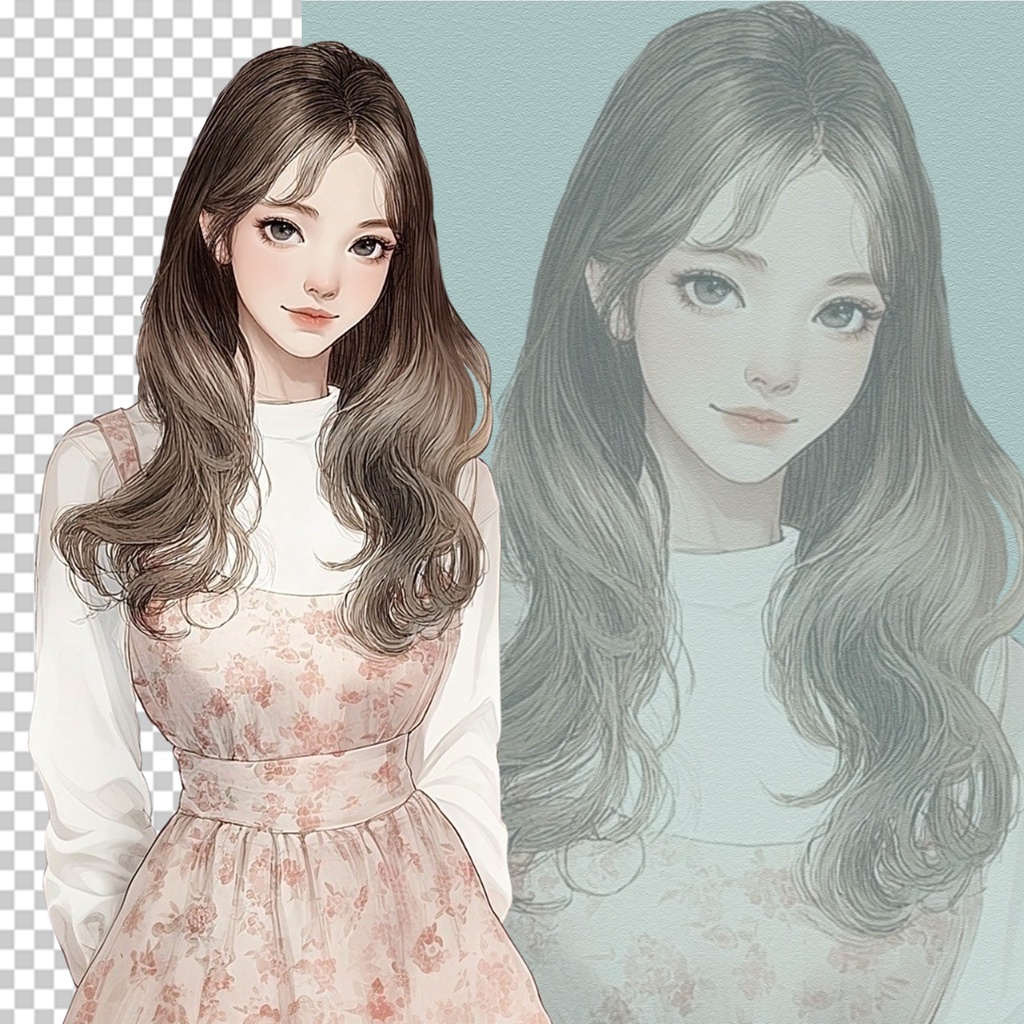 02_日常スタイル少女クリップアート素材|透過PNGキャラクター7点セット