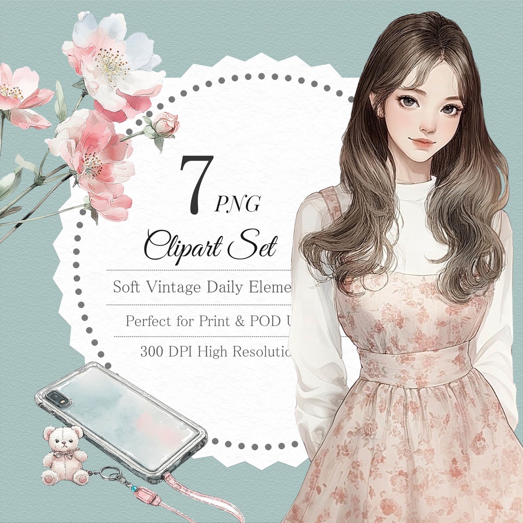 02_日常スタイル少女クリップアート素材|透過PNGキャラクター7点セット