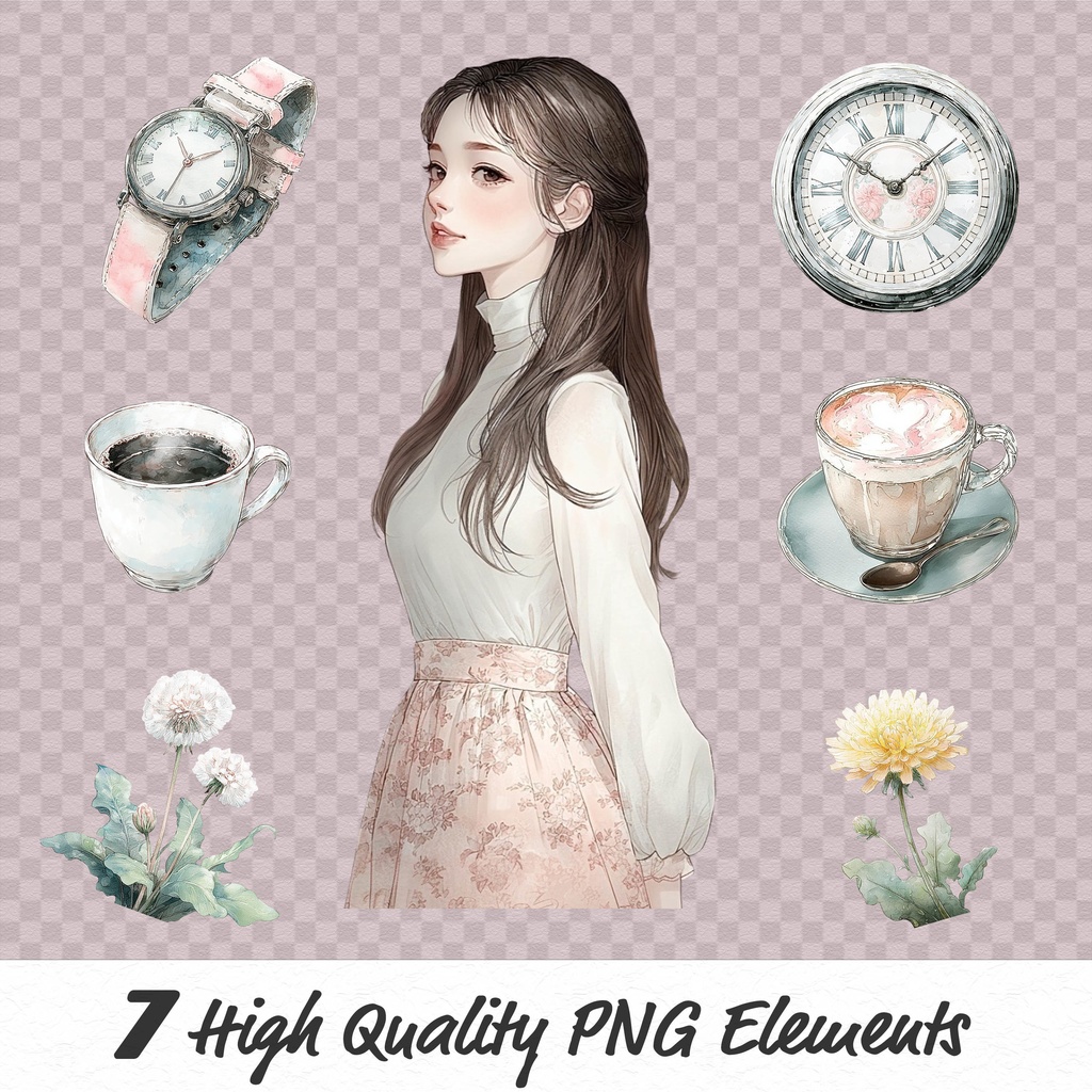 03_日常スタイル少女クリップアート素材|透過PNGキャラクター7点セット