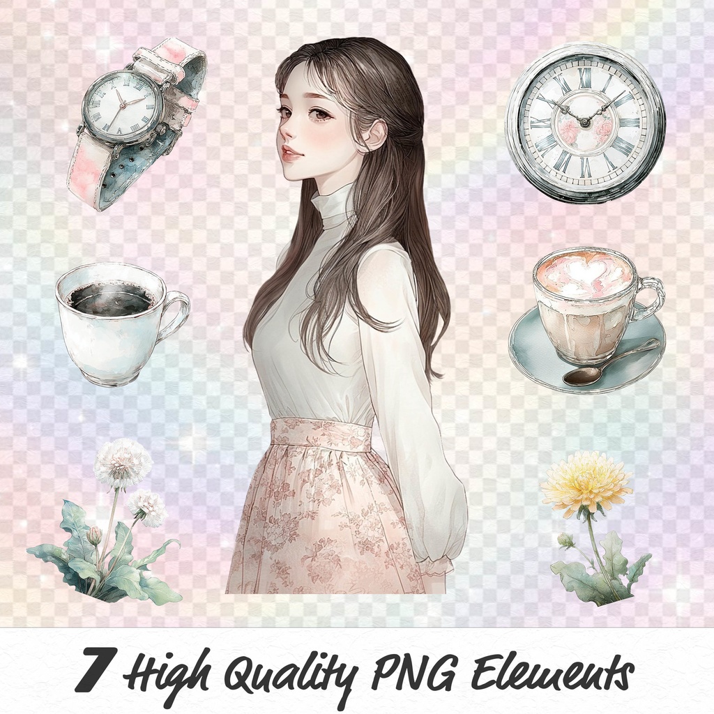 日常スタイル少女クリップアート素材|透過PNGキャラクター23点セット