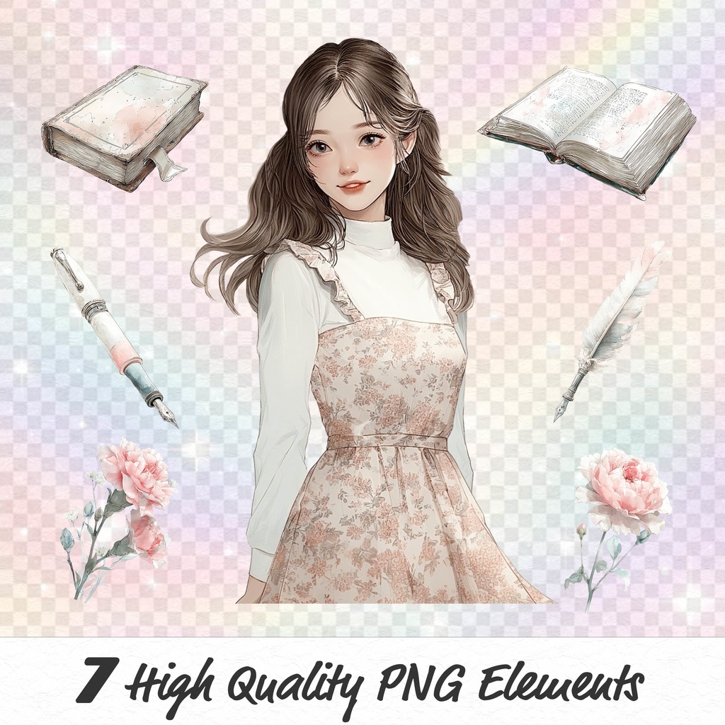 日常スタイル少女クリップアート素材|透過PNGキャラクター23点セット