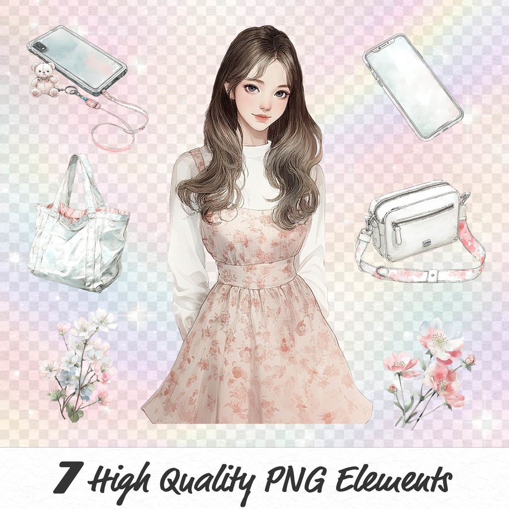 日常スタイル少女クリップアート素材|透過PNGキャラクター23点セット