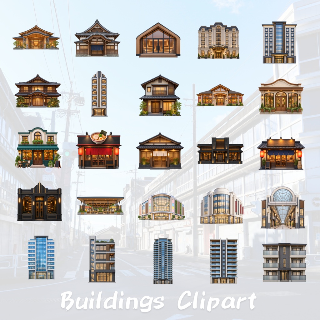 【151点セット】現代日本の建物 PNG素材集|6000×6000px・300dpi|商用利用OK