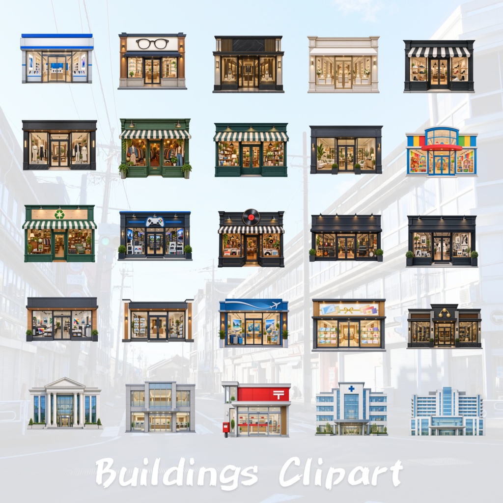 【151点セット】現代日本の建物 PNG素材集|6000×6000px・300dpi|商用利用OK