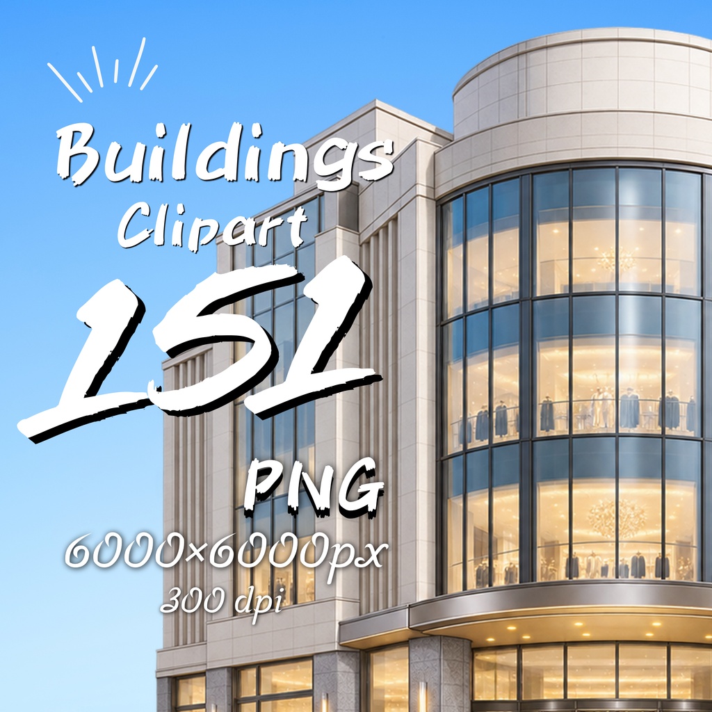 【151点セット】現代日本の建物 PNG素材集｜6000×6000px・300dpi｜商用利用OK