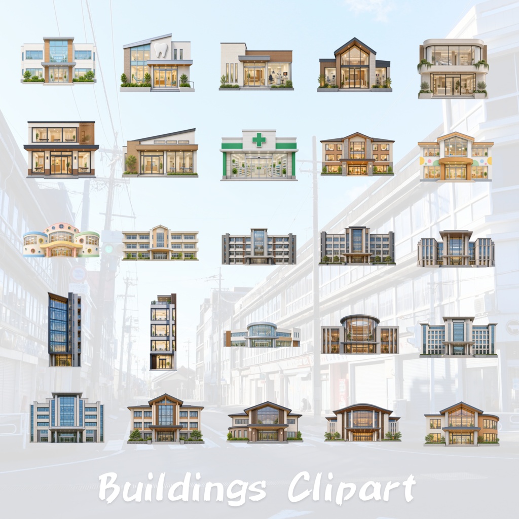 【151点セット】現代日本の建物 PNG素材集|6000×6000px・300dpi|商用利用OK