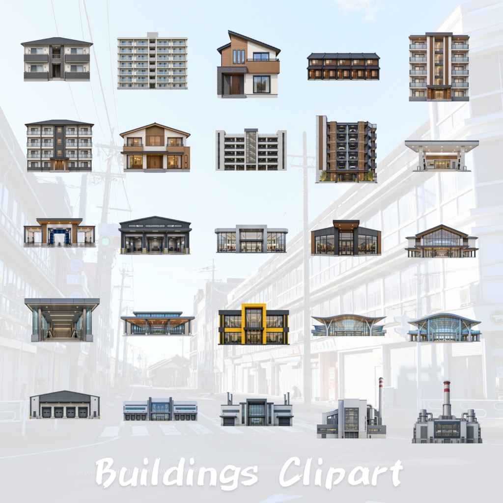 【151点セット】現代日本の建物 PNG素材集|6000×6000px・300dpi|商用利用OK