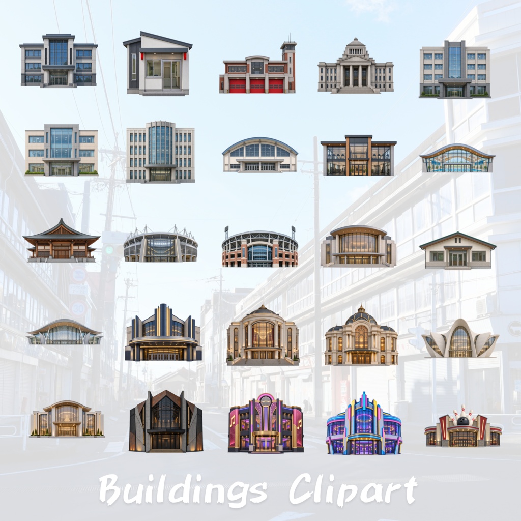 【151点セット】現代日本の建物 PNG素材集|6000×6000px・300dpi|商用利用OK