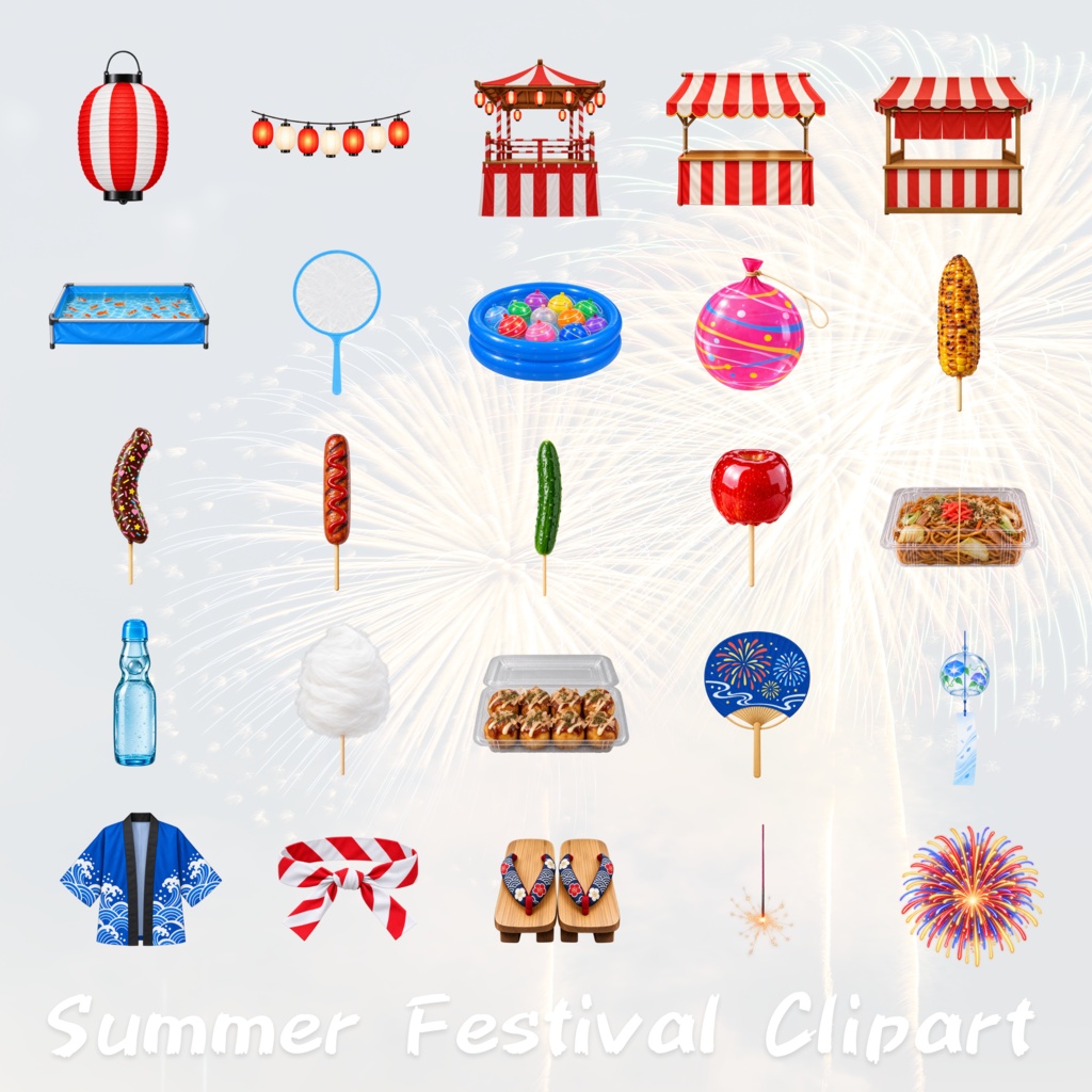 【39点セット】夏祭り・屋台 PNG素材集|6000×6000px・300dpi|商用利用OK