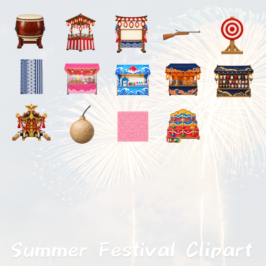 【39点セット】夏祭り・屋台 PNG素材集|6000×6000px・300dpi|商用利用OK