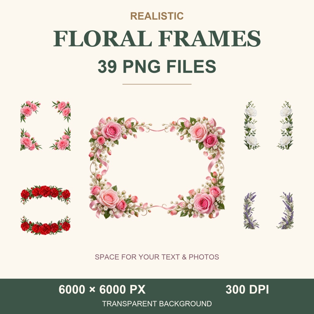 華やかなフラワーフレーム39点セット 背景透過PNG 高解像度 商用利用可能