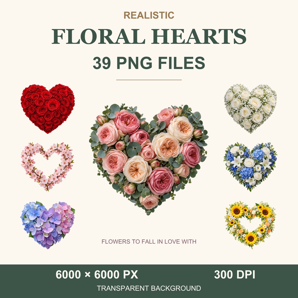華やかなフラワーハート39点セット 水彩花のハート 背景透過PNG 高解像度 商用利用可能