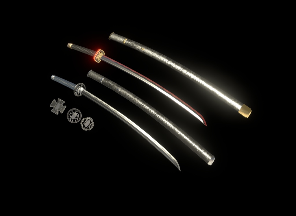 《VRCHAT想定MA対応》RE:日本刀「水閃(みずのひらめき)」&「火羽衣(ひのはごろも)」&精霊+簡易抜刀ギミック付き《3Dモデル》