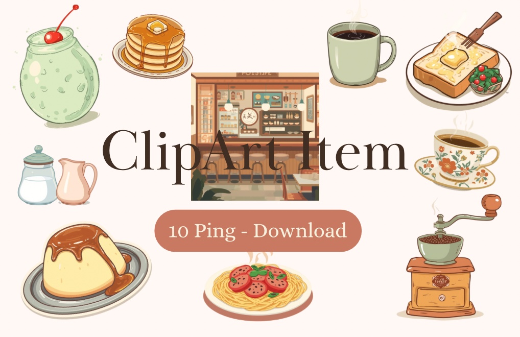 【喫茶店シリーズ】レトロモダン風クリップアート10点セット｜PNG背景透過
