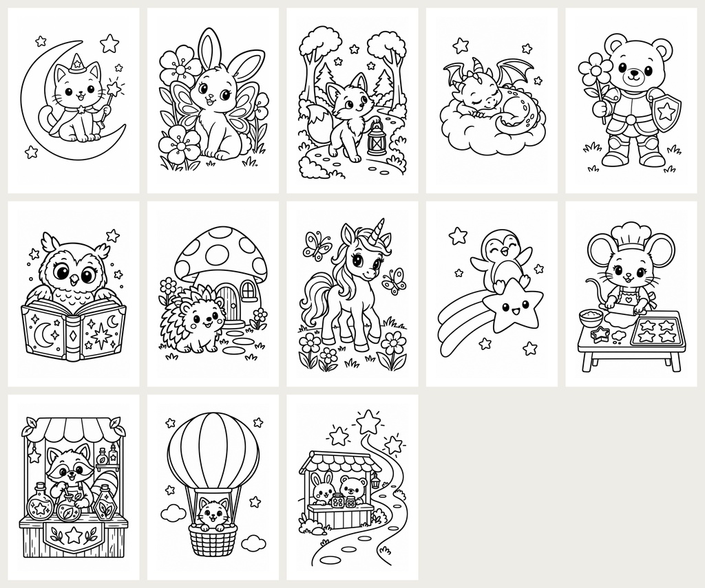 ほっこりファンタジー動物ぬりえ|A4・13枚|大人も子どもも楽しめる太い線の塗り絵(PDF)