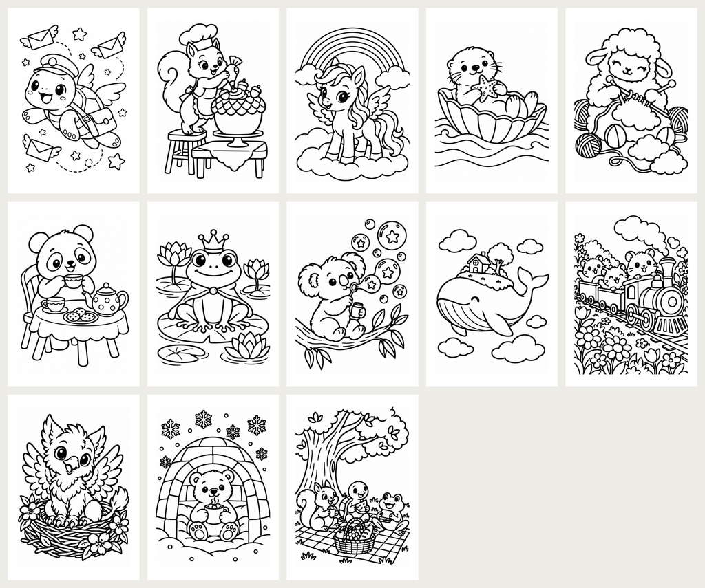 ほっこりファンタジー動物ぬりえ2|A4・13枚|大人も子どもも楽しめる太い線の塗り絵(PDF)