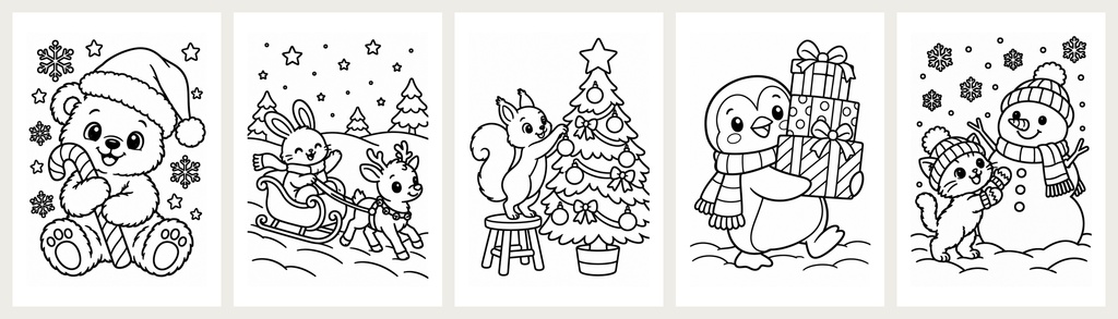 クリスマス動物ぬりえ|A4・5枚|子どもと楽しむ太い線の塗り絵(PDF)
