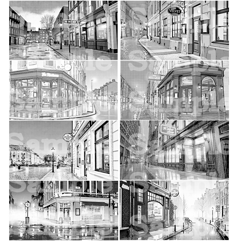 モノクロ/カラーset バーのある街並み